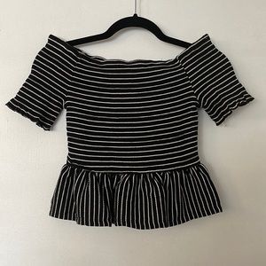 Who What Wear | Black & White Stripe Peplum Off-the-Shoulder Crop Top